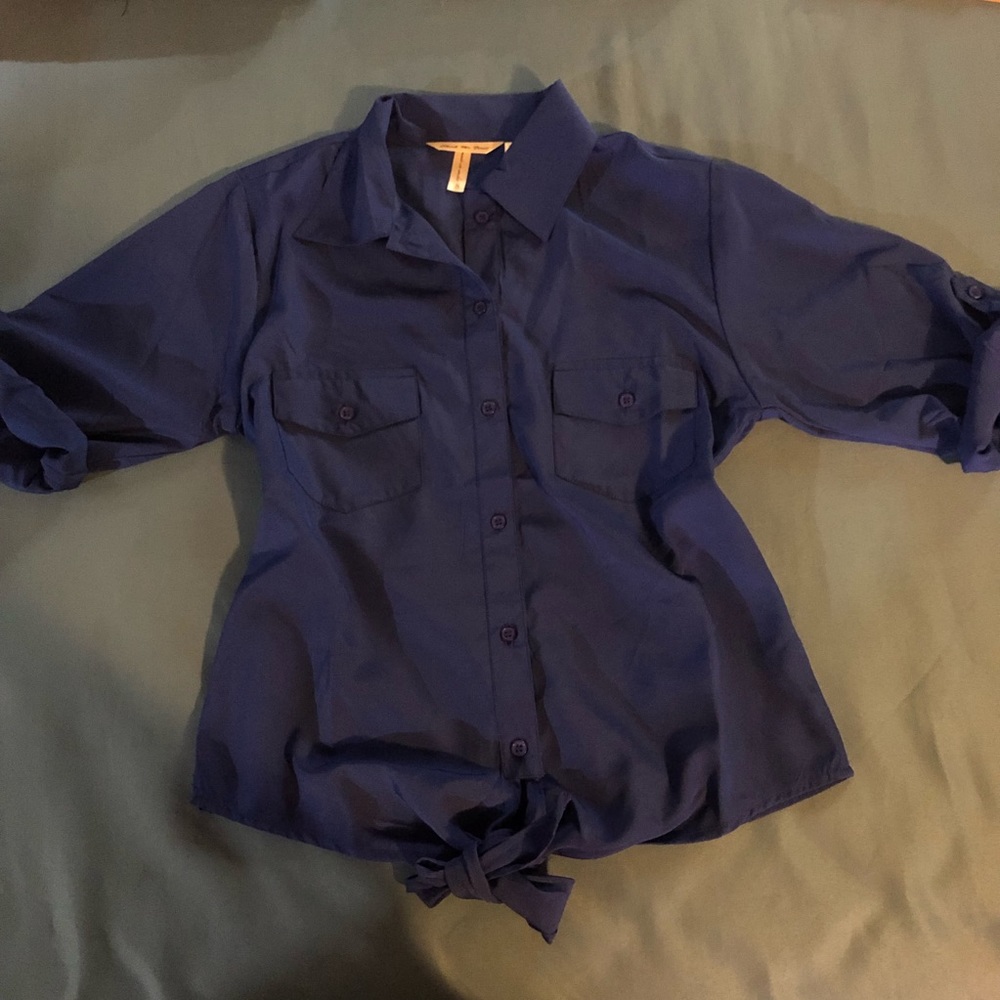 Royal Blue Blouse Button Up/ Roll up Sleeves - Picture 2 of 4